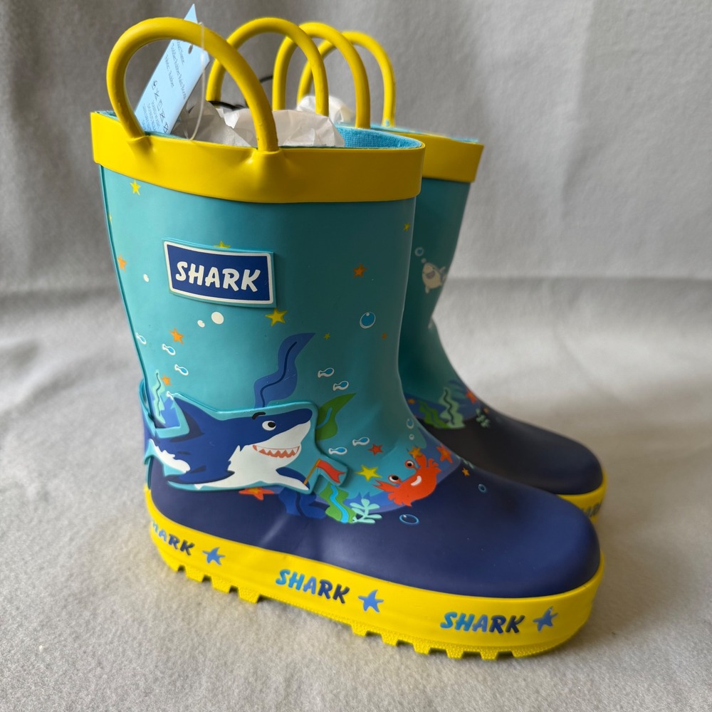 Blue Shark Toddler Rubber Rain Boots Yellow Trim Waterproof Pull‎ On Size 10